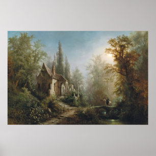 Een maanverlichte nacht boven een kapel en ruiters poster