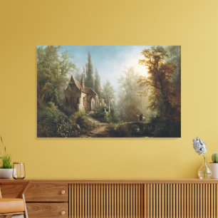Een maanverlichte nacht over een kapel en ruiters canvas afdruk