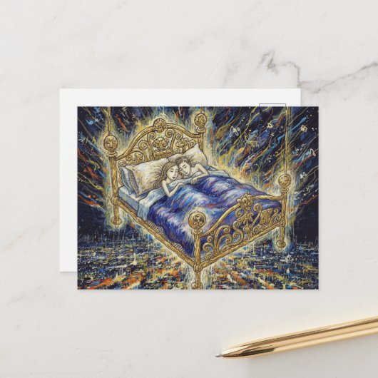 Een Magisch Bed Boven Stad Fantasie Slaap Koppel Briefkaart (Voorkant / Achterkant in situ)