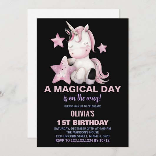 Een magische dag Unicorn verjaardagsuitnodigingen Kaart (Voorkant / Achterkant)