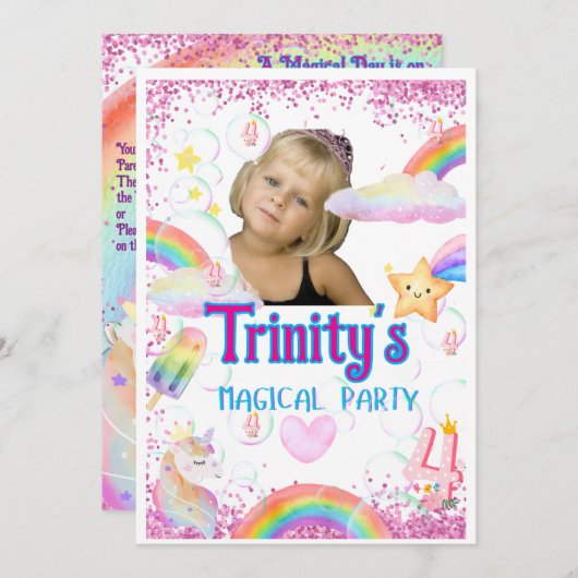 Een magische Eenhoorn 4e Verjaardag Uitnodiging (Voorkant / Achterkant)