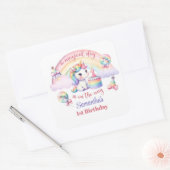 Een magische eenhoorn en regenboog 1e verjaardagsf vierkante sticker (Envelop)