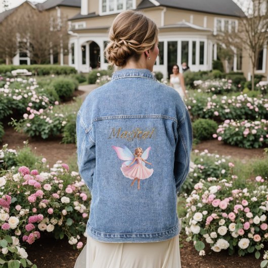 Een magische fee in decoratieve tekst denim jacket (Huwelijk Achterkant)