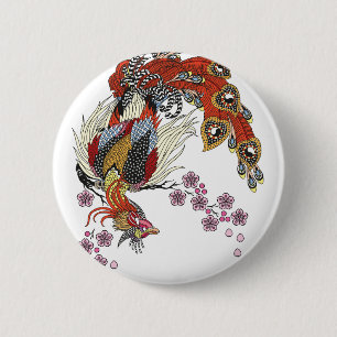 een magische fenix die op een lossom sakura zit ronde button 5,7 cm