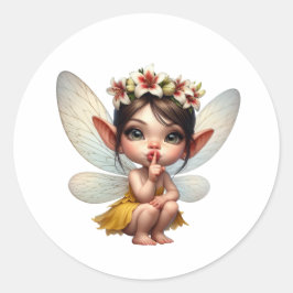 Een magische kleine fee hurkt naar beneden ronde sticker