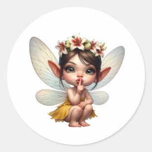 Een magische kleine fee hurkt naar beneden ronde sticker