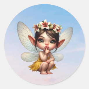 Een magische kleine fee hurkt naar beneden ronde sticker