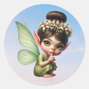 Een magische kleine fee hurkt naar beneden ronde sticker