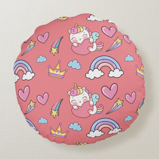 Een magische regenboog eenhoorn patroon verjaardag rond kussen (Achterkant)