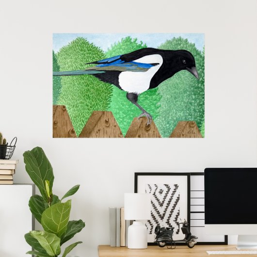 Een Magpie op een hek Poster (Thuiskantoor)