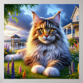 Een Maine Coon-kat die rust op een rustig plattela Poster