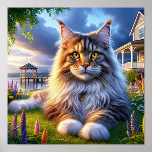 Een Maine Coon-kat die rust op een rustig plattela Poster (Voorkant)