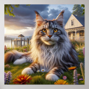 Een Maine Coon-kat die rust op een rustig plattela Poster