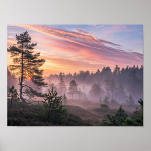 Een majestueus boreaal bos bij het aanbreken van d poster
