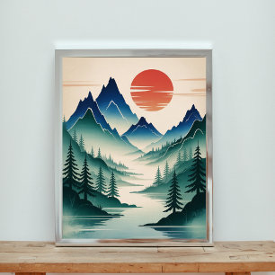 Een majestueus landschap van mistige bergen poster