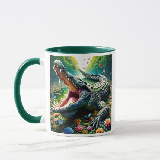 Een majestueuze krokodil in een overvloedige jungl mok (Links)