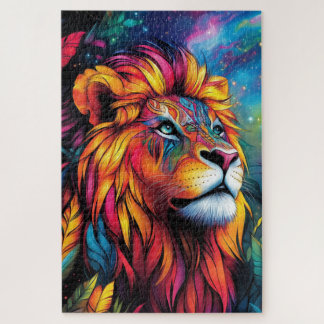 Een majestueuze leeuw met een neonmanen gloeiend legpuzzel