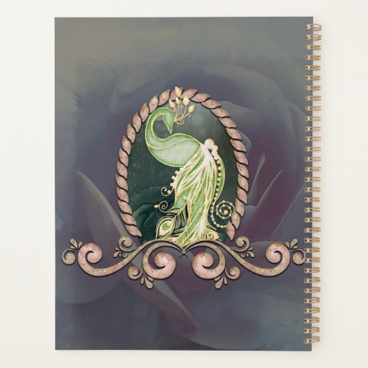 Een majestueuze pauw in goud en groen planner (Achterkant)