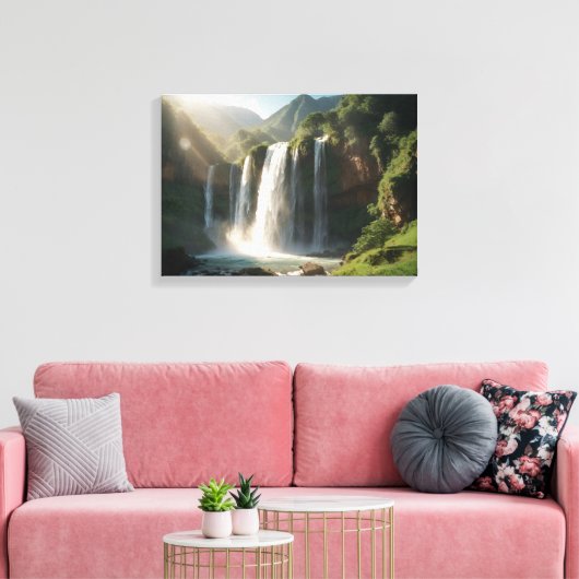 Een majestueuze waterval omringd door groen canvas afdruk (Insitu (Woonkamer))