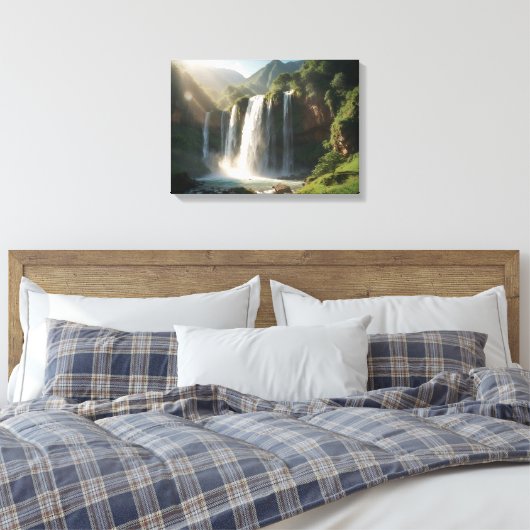 Een majestueuze waterval omringd door groen canvas afdruk (Insitu (Slaapkamer))