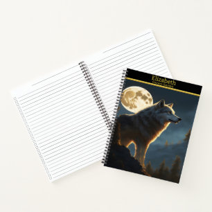 Een majestueuze wolf die 's nachts onder een volle notitieboek