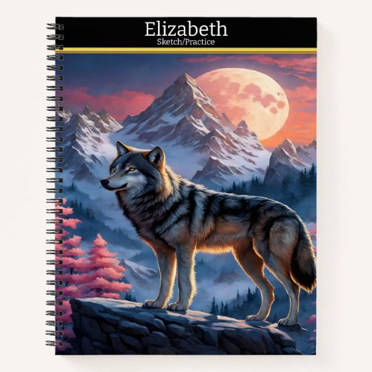 Een majestueuze wolf huilt bij het gloeiende maanl notitieboek (Voorkant)