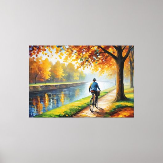 Een man dat fietst op een pad langs een rivier canvas afdruk (Voorkant)
