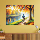 Een man dat fietst op een pad langs een rivier canvas afdruk (Insitu (Woonkamer))