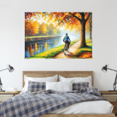 Een man dat fietst op een pad langs een rivier canvas afdruk (Insitu (Slaapkamer))