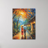 Een man en een vrouw lopen over een trottoir canvas afdruk (Voorkant)