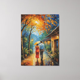 Een man en een vrouw lopen over een trottoir canvas afdruk