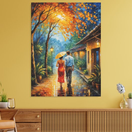 Een man en een vrouw lopen over een trottoir canvas afdruk (Insitu (Woonkamer))