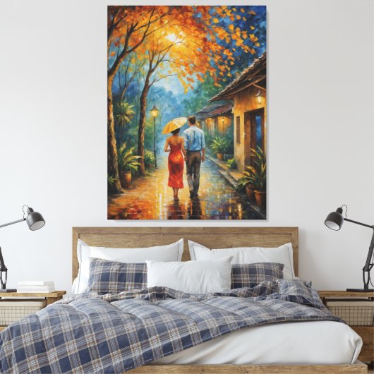 Een man en een vrouw lopen over een trottoir canvas afdruk (Insitu (Slaapkamer))