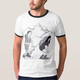 Een man en vrouw die met rugzakken op een berg wan t-shirt