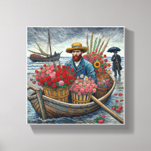 Een man in een klein houten bootje Van Gogh Art Canvas Afdruk