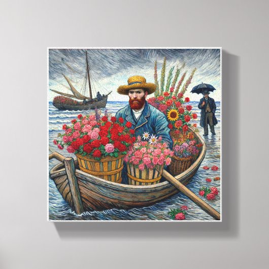 Een man in een klein houten bootje Van Gogh Art Canvas Afdruk (Voorkant)