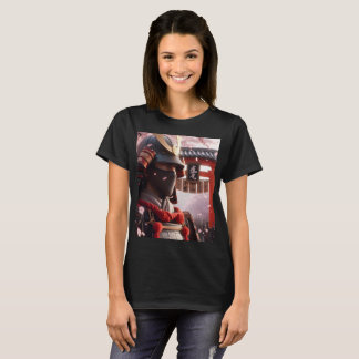 Een man in een samoerai staat voor een rode torii t-shirt