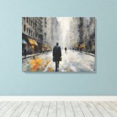 Een man loopt op de straat van de stad. canvas afdruk (Insitu (Houten vloer))