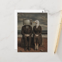 Een man met een tv als hoofd en een meeuwen-dame