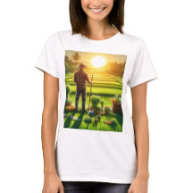 Een man staat in een veld van groenten en de zon