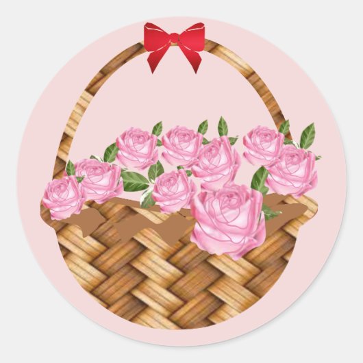 Een mand van roze rozen ronde sticker (Voorkant)