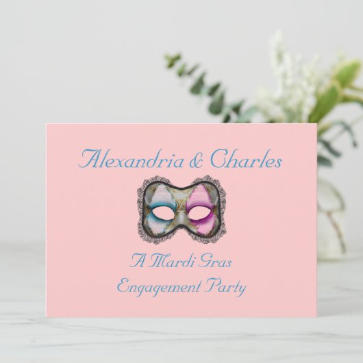 "Een mardi Gras Engagement Party" blauw/roze maske Kaart (Staand voorkant)