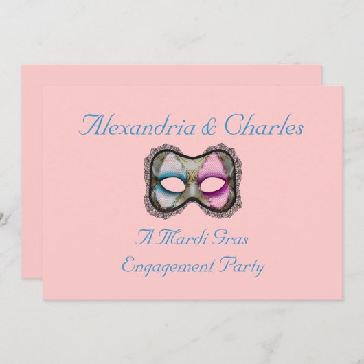"Een mardi Gras Engagement Party" blauw/roze maske Kaart (Voorkant / Achterkant)