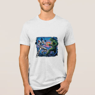 Een mecha-robot die tegen een gigantisch monster v Tri-Blend shirt