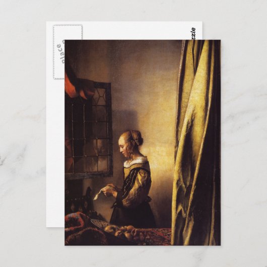 Een meisje dat een brief in een open venster leest briefkaart (Voorkant / Achterkant)