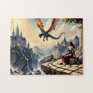 Een meisje dat een draak voorbij ziet vliegen. legpuzzel