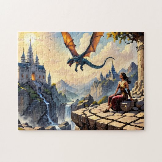 Een meisje dat een draak voorbij ziet vliegen. legpuzzel (Horizontaal)