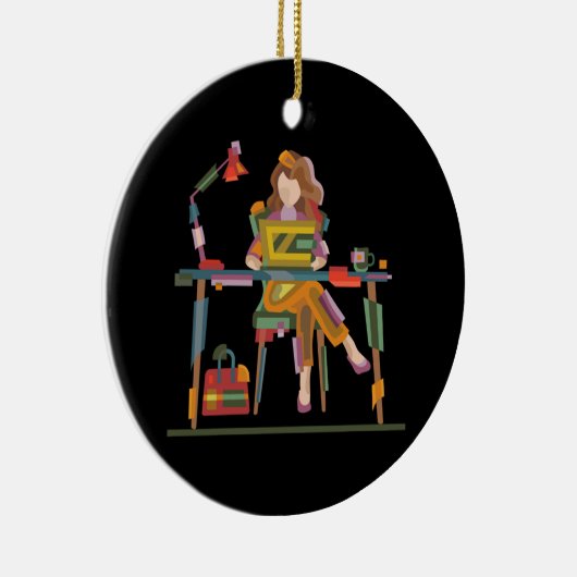 EEN MEISJE DAT OPRECHT WERKT IN LAPTOP 96 KERAMISCH ORNAMENT (Rechts)