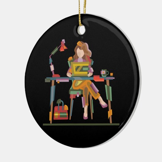 EEN MEISJE DAT OPRECHT WERKT IN LAPTOP 96 KERAMISCH ORNAMENT (Links)