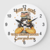 Een meisje dat overal boeken meeneemt grote klok (Voorkant)